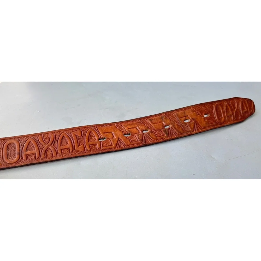 Oaxaca Tooled Leather Belt Brown Geometric Handcrafted Southwestern